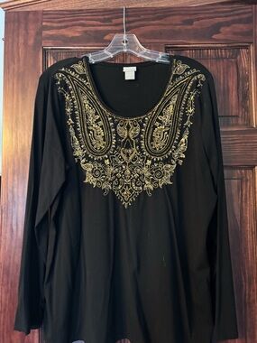 Chico's Black Long-Sleeve Top with Gold beaded Yoke